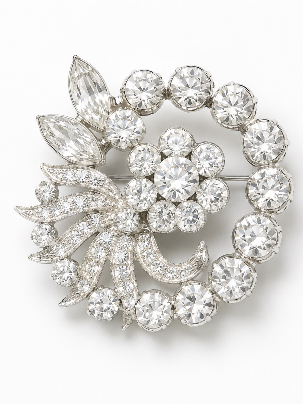 Eisenberg Clear Crystal Rhinestone Brooch Pin Rhodium Vintage.